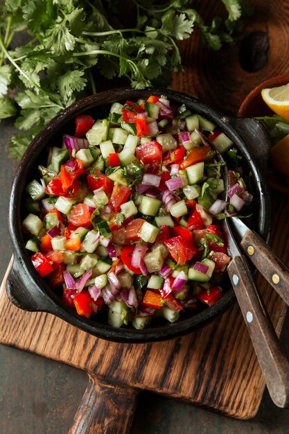 Flat lay tasty jewish food