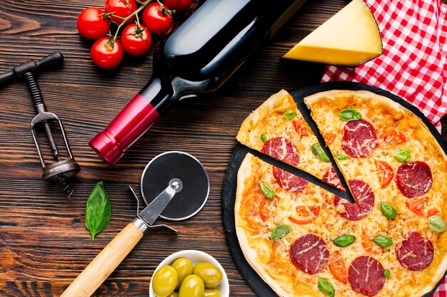 Flat lay tasty pizza composition