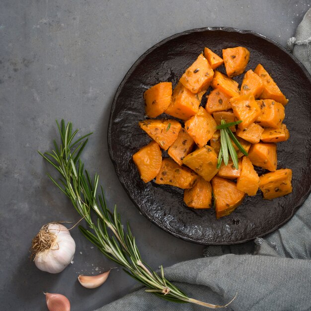 Flat lay tasty potatoes dish