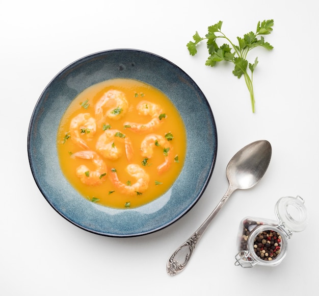 Flat lay tasty shrimp soup