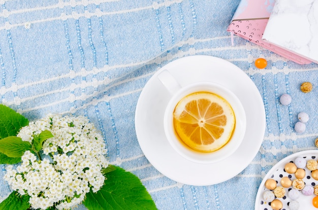 Flat lay tea cup still life