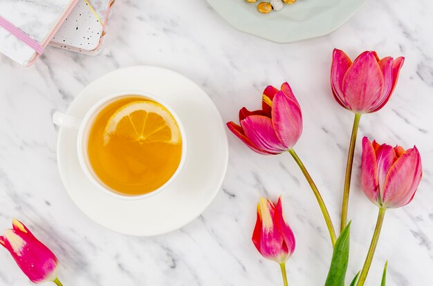 Flat lay tea cup still life