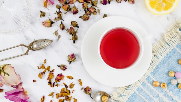 Flat lay tea cup still life