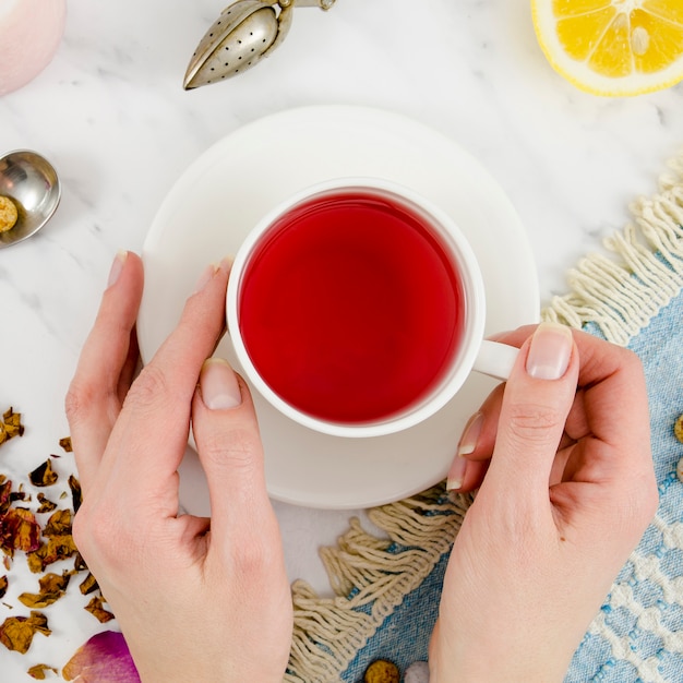 Flat lay tea cup still life