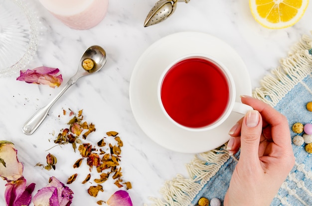 Flat lay tea cup still life