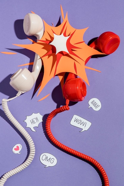 Free photo flat lay of telephone receivers with paper shape and chat bubbles