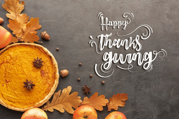 Плоский день благодарения с пирогом и листьями