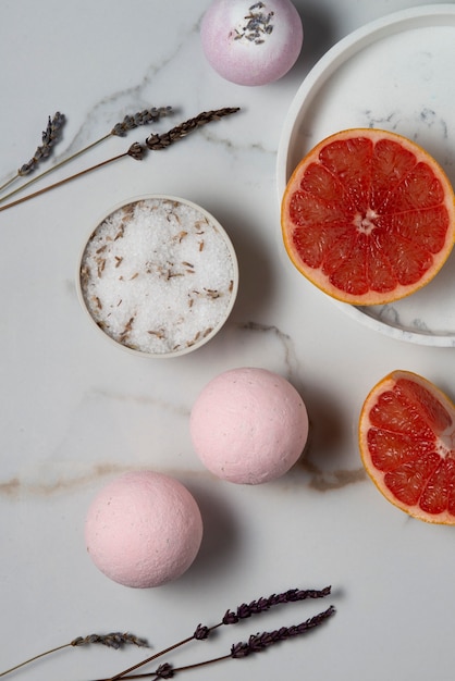 Free photo flat lay therapeutic  bath bombs still life