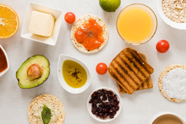 Flat lay toast and expanded rice with ingredients