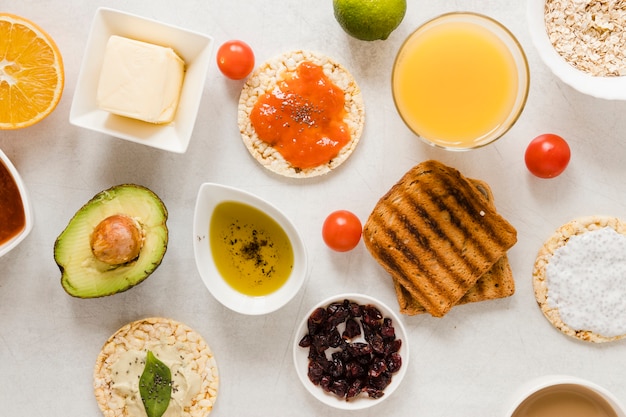 Flat lay toast and expanded rice with ingredients