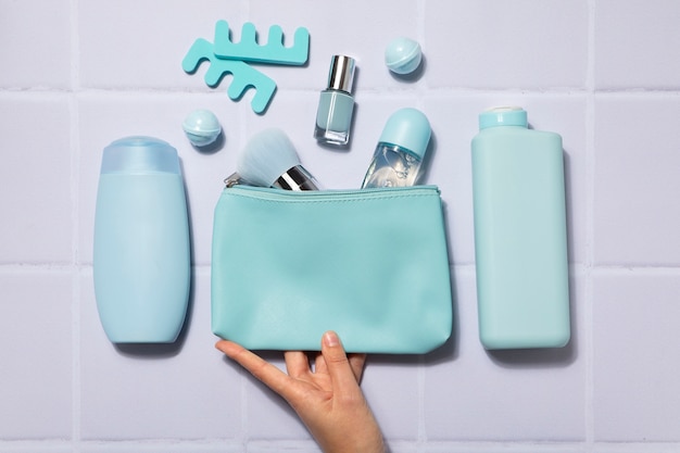 flat lay toilet bag and products assortment