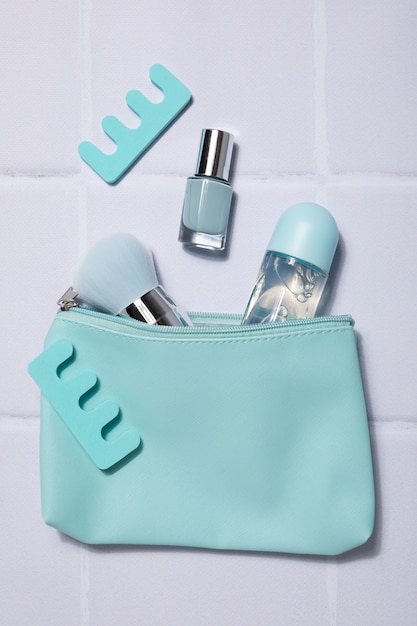 flat lay toilet bag and products