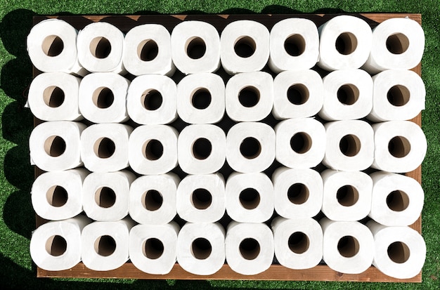 Flat lay toilet paper rolls
