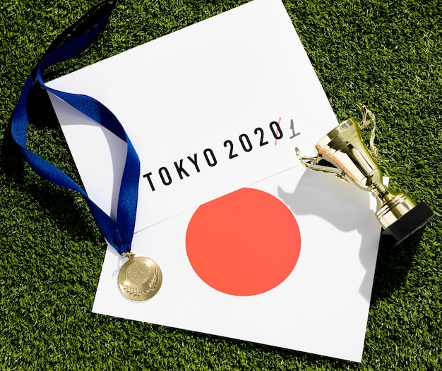 Flat lay tokyo 2020 sports event postponed assortment