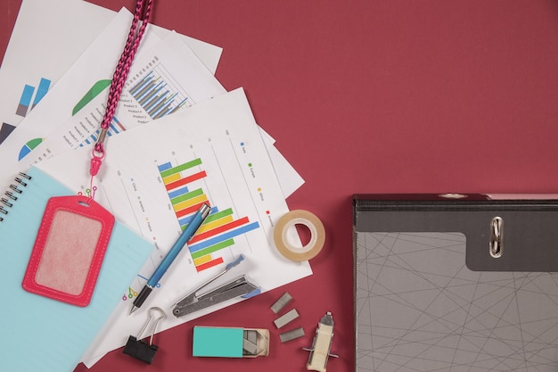 Flat lay, top view office table desk. Workspace background