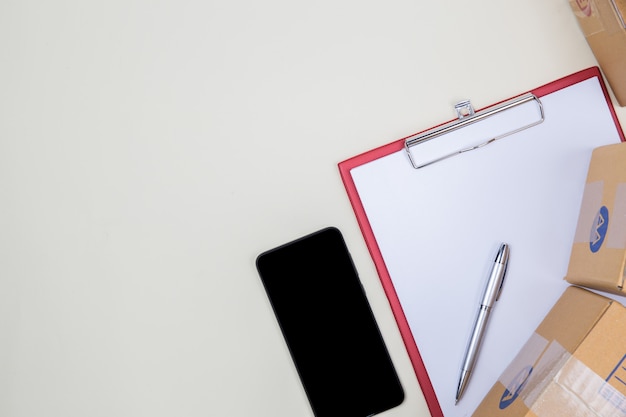 Flat lay, top view office table desk. Workspace background