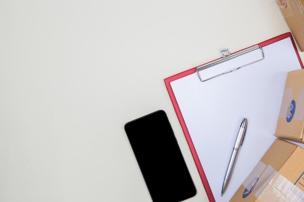 Flat lay, top view office table desk. Workspace background