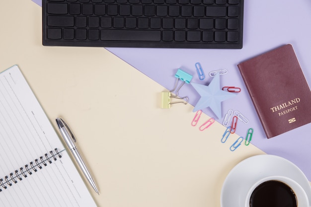 Flat lay, top view office table desk. Workspace background