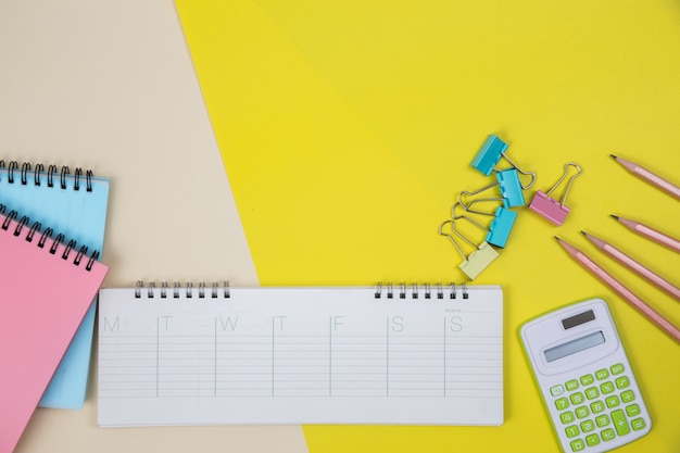 Flat lay, top view office table desk. Workspace background