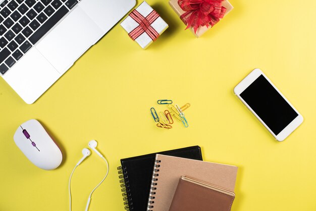 Flat lay, top view office table desk. Workspace background