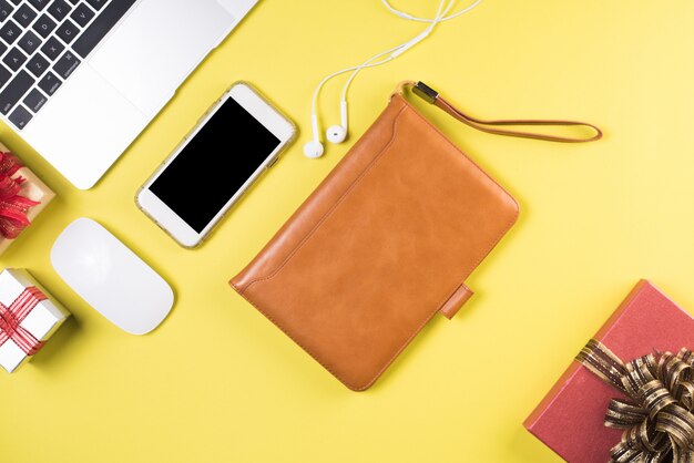 Flat lay, top view office table desk. Workspace background