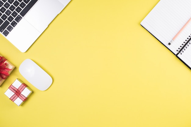 Flat lay, top view office table desk. Workspace background