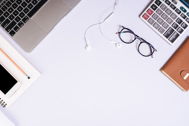 Flat lay, top view office table desk. Workspace background