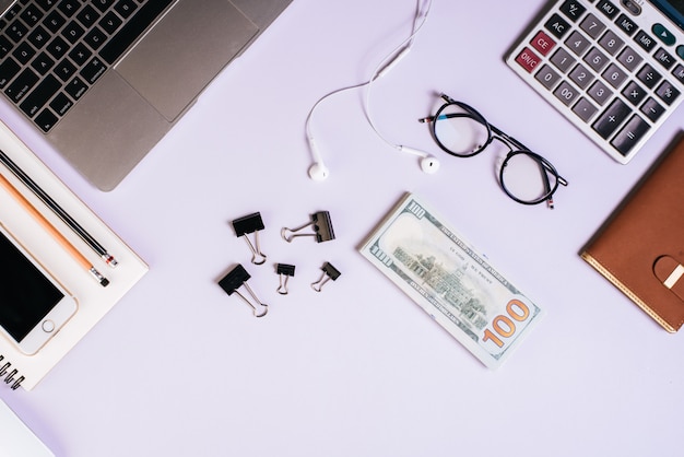 Flat lay, top view office table desk. Workspace background