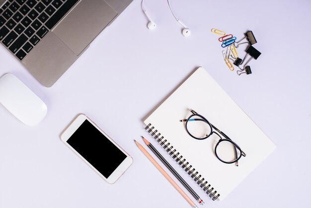 Flat lay, top view office table desk. Workspace background