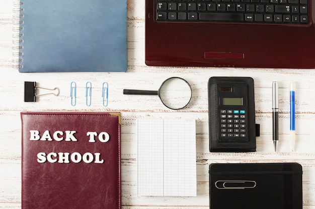 Flat lay top view of stationery school items