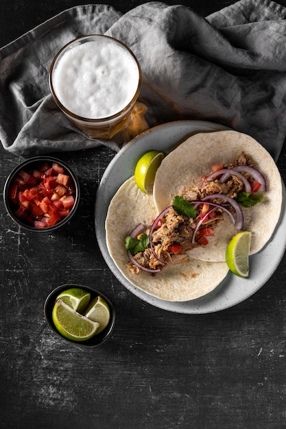 Flat lay tortilla with meat and vegetables