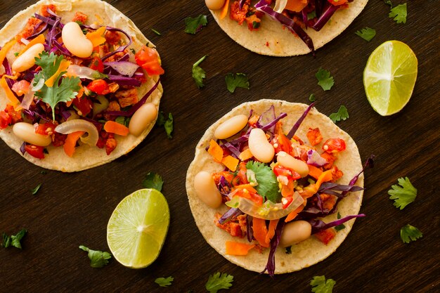 Flat lay tortilla with vegetables and meat