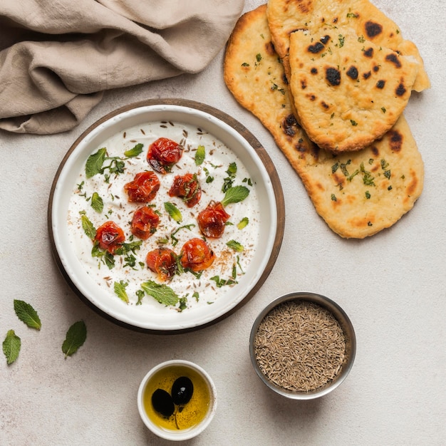 Flat lay traditional food arrangement