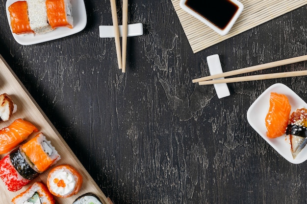 Flat lay traditional japanese sushi with copy space