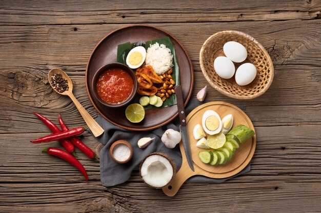 Flat lay traditional nasi lemak meal assortment