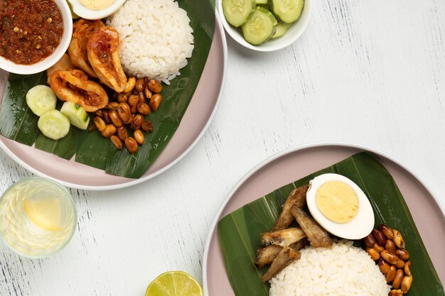 Flat lay traditional nasi lemak meal composition