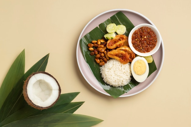 Flat lay traditional nasi lemak meal composition