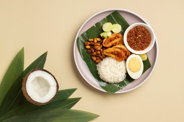 Flat lay traditional nasi lemak meal composition