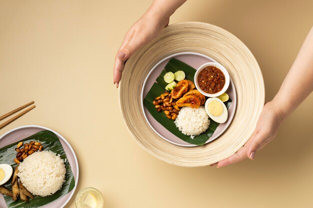 Flat lay traditional nasi lemak meal composition