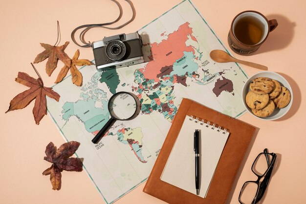 Flat lay of traveling elements collection