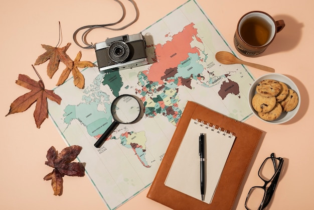 Flat lay of traveling elements collection