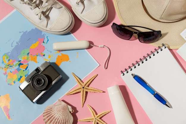Flat lay of traveling essentials collection
