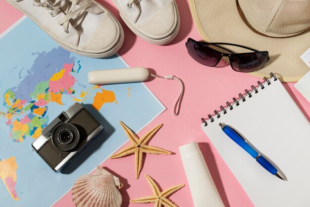 Flat lay of traveling essentials collection