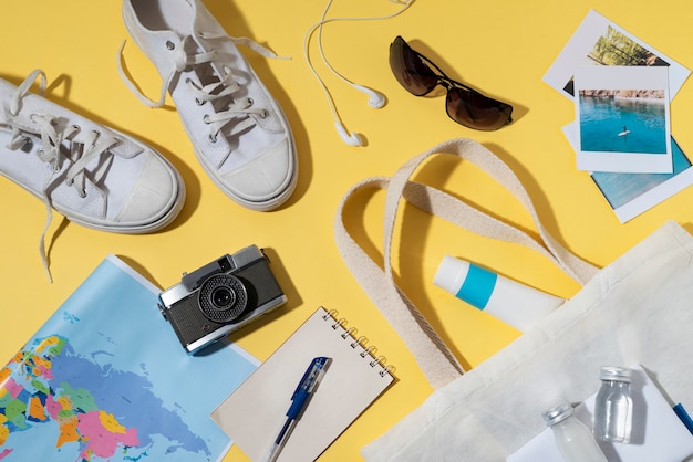 Flat lay of traveling essentials collection