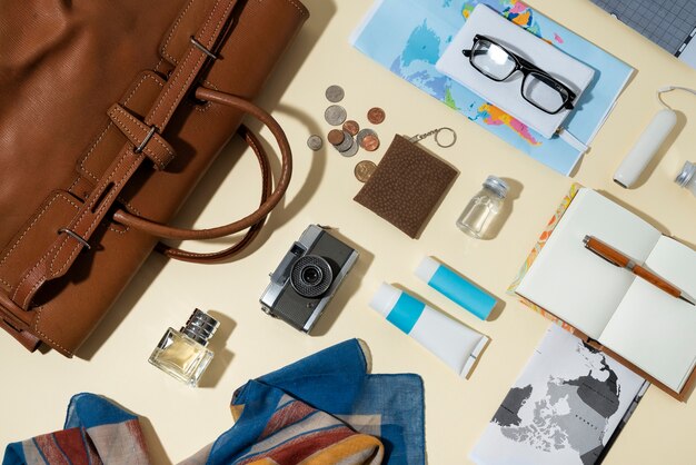 Flat lay of traveling essentials collection