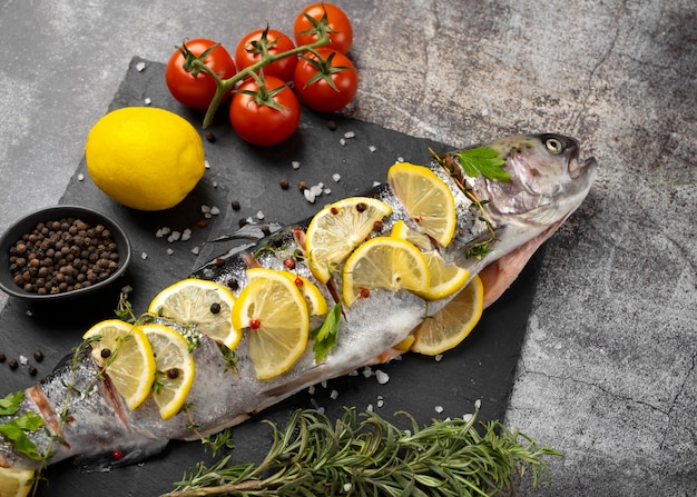 Free photo flat lay trout ready to be cooked