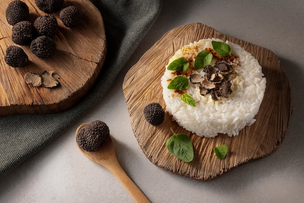 Flat lay truffle recipe with rice