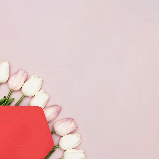 Flat lay of tulips for mothers day with copy space