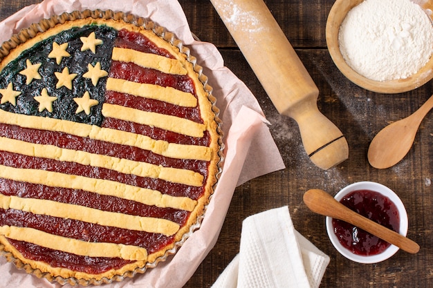 Flat lay usa flag pie on baking paper