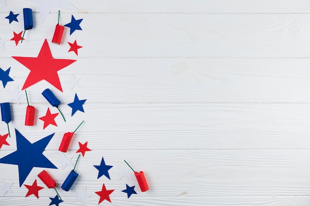 Flat lay of USA stars and firecrackers